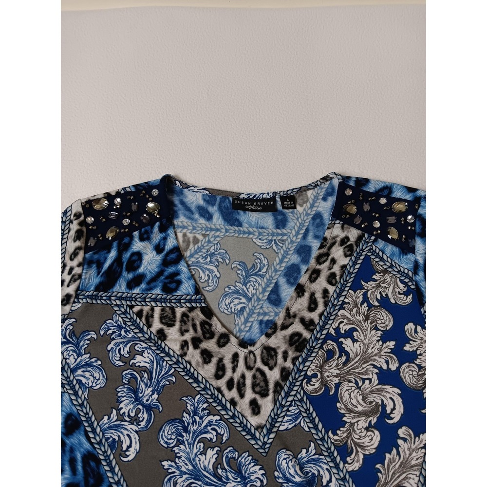 Susan Graver Artisan Blue Animal Print Tunic Womens L V-Neck Rhinestone - Picture 7 of 7